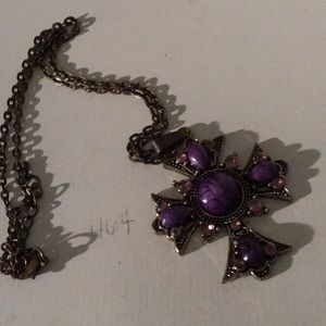 Antique-looking BOHO Cross with Purple Stones & Chain